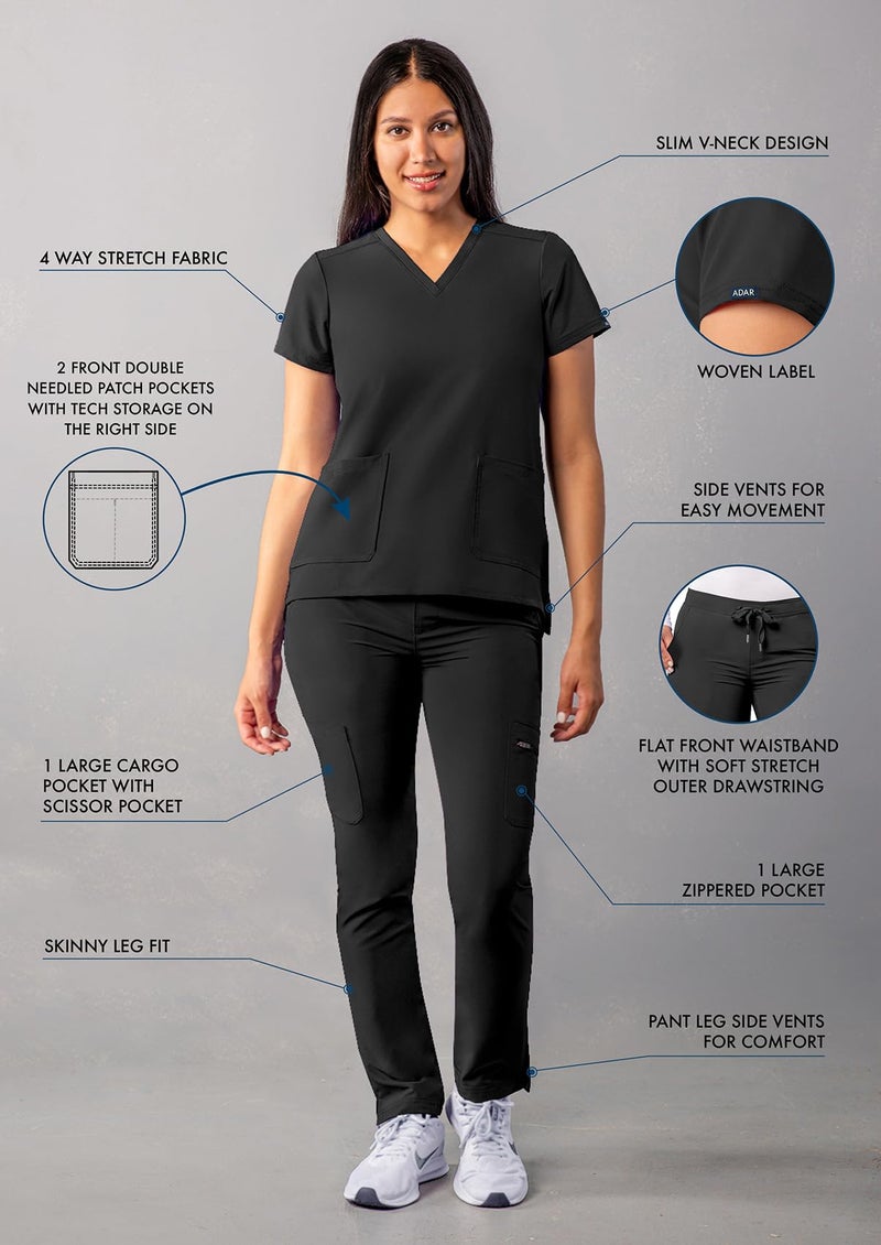Adar Uniforms Adar Addition Scrubs Set for Women - Stretch V-Neck Scrub Top & Skinny Cargo Scrub Pants, 10 Pockets - A9200 - Black - XS - Image 3